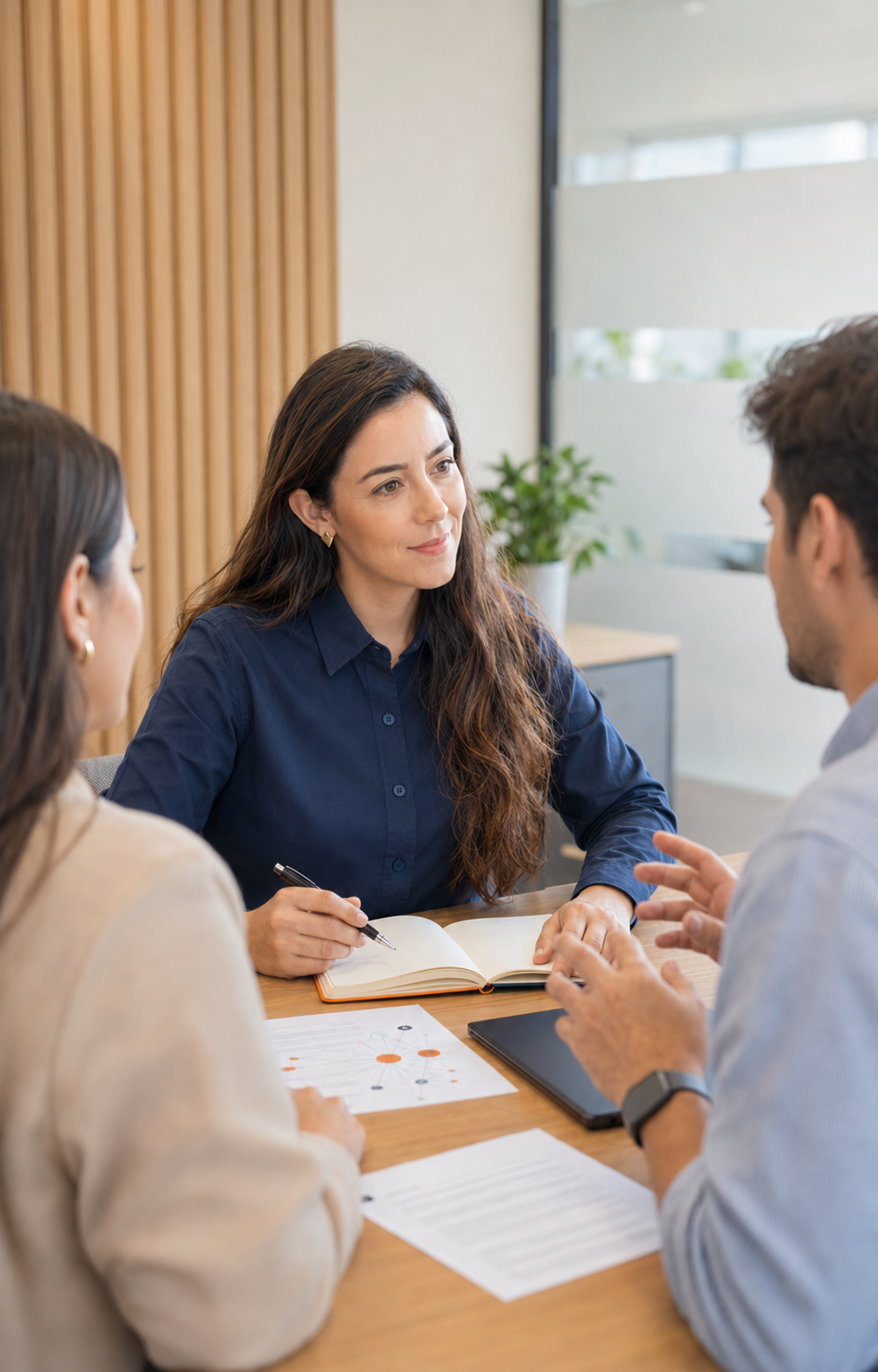 Estrategista escuta lideranças e registra informações durante uma conversa de trabalho.
