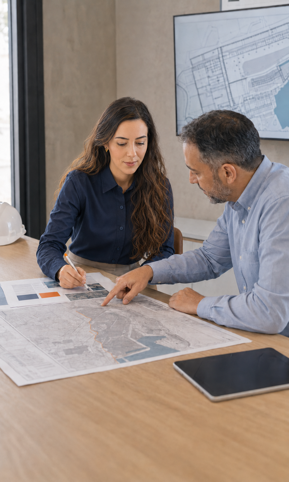 Estrategista revisa mapas e informações técnicas com um profissional durante a validação de um projeto.