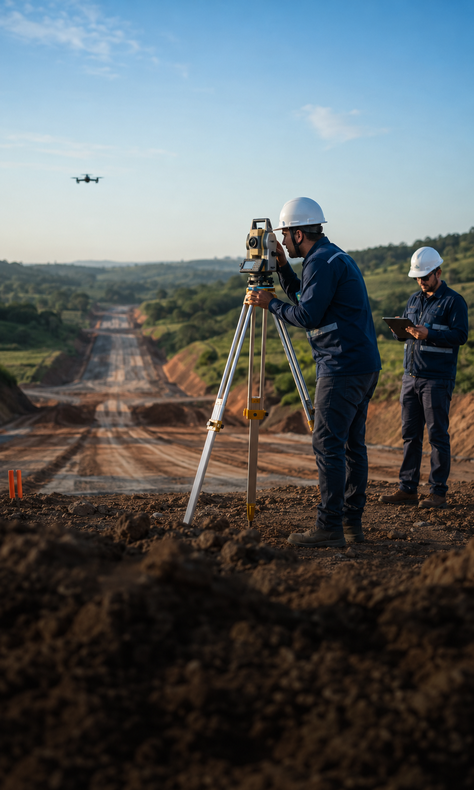 Equipe realiza levantamento topográfico com estação total e drone em um corredor de infraestrutura.