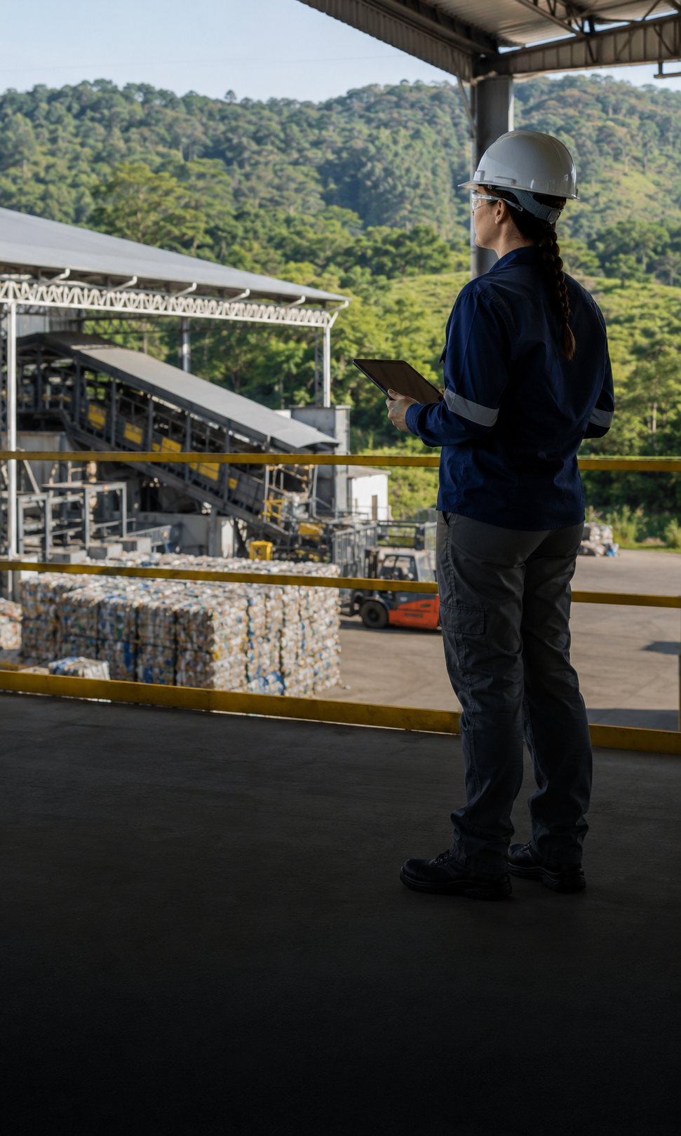 Profissional ambiental acompanha uma operação de tratamento e recuperação de resíduos.