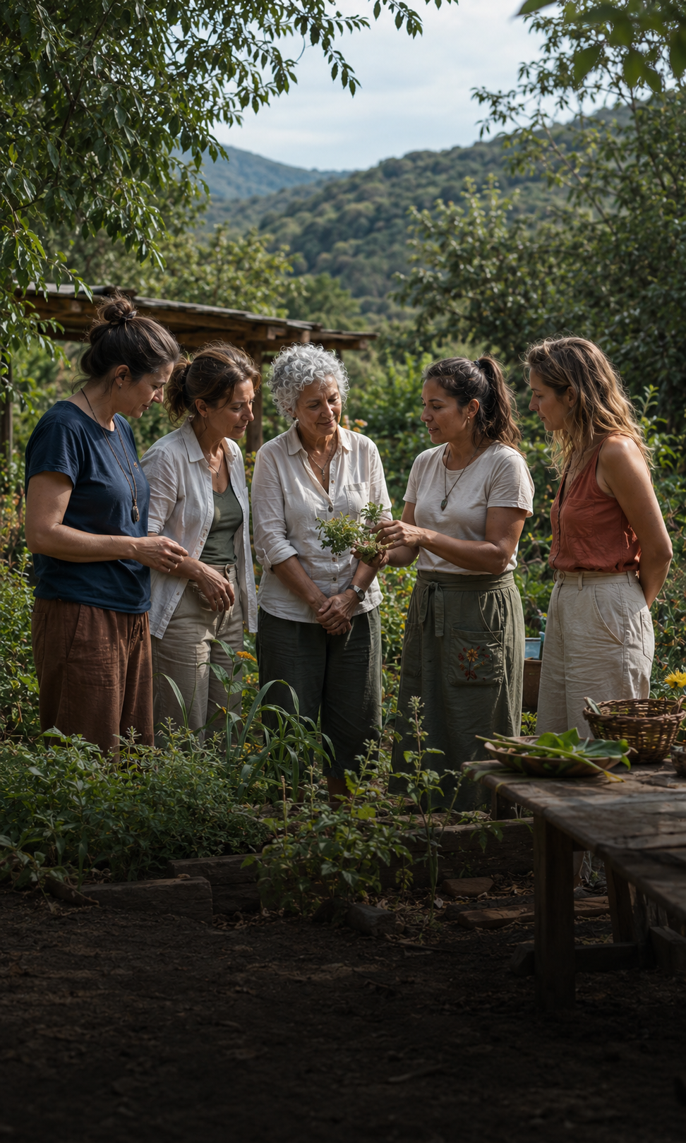 Mulheres de diferentes idades participam de uma vivência com facilitadora local em um jardim agroecológico.